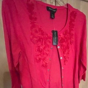 Very pink blouse or sweater w/fabric roses